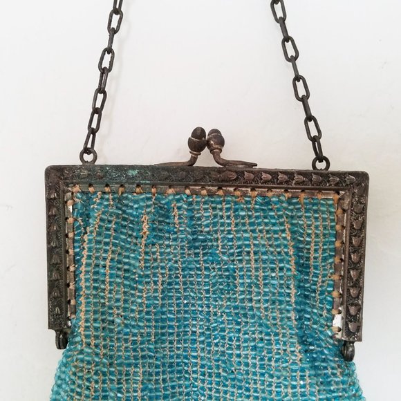 RARE Antique Vintage Victorian Purse Beaded Purse Micro Beads Aquamarine - Picture 3 of 5